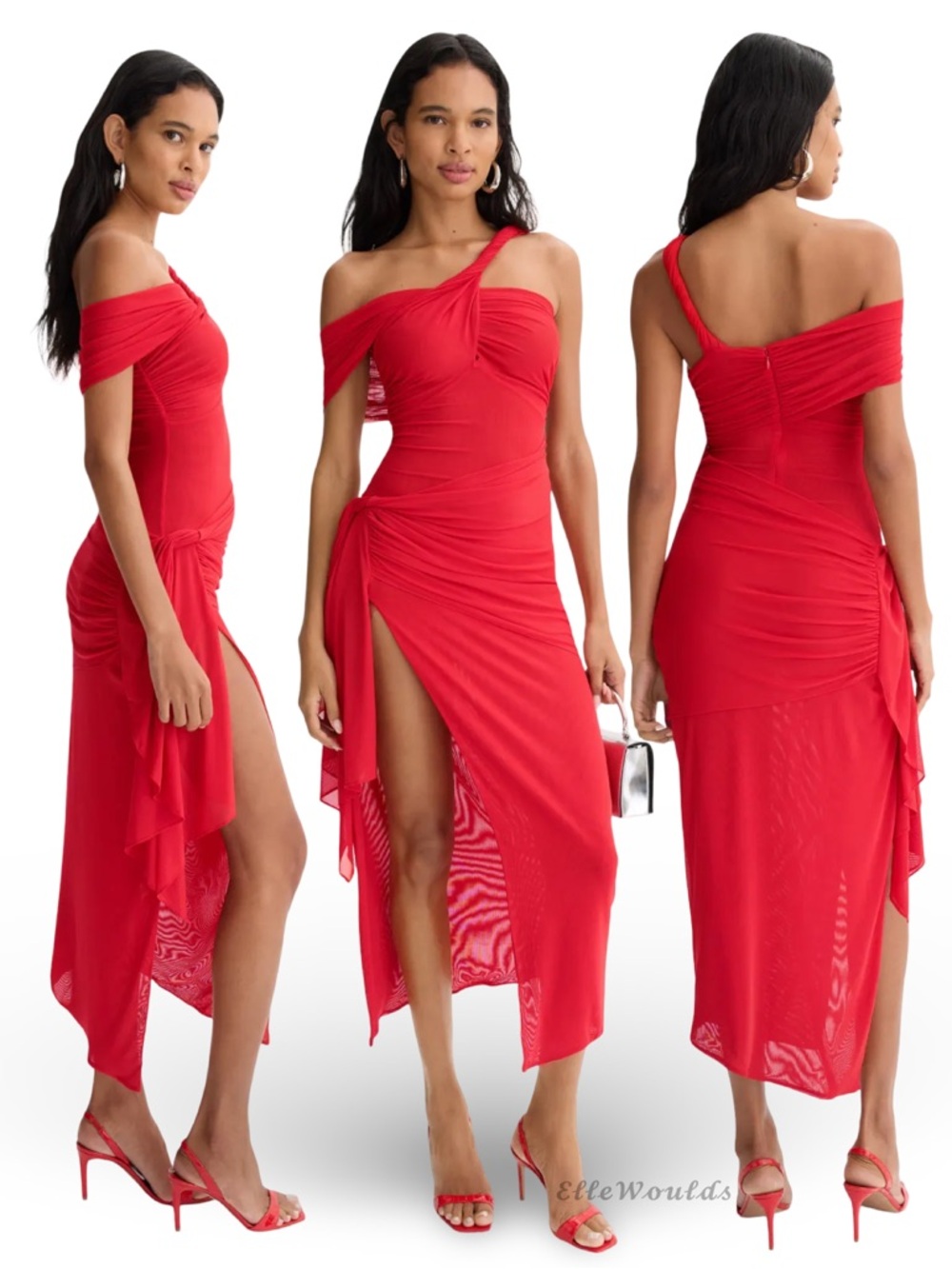 Ronny Kobo Viper Dress Red Ruched Midi Dress US Size Medium $438 Retail